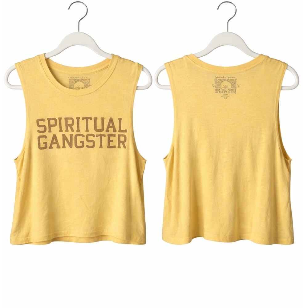 Spiritual Gangster Graphic Cropped Tank Top Yellow Sleeveless Women’s Size Large